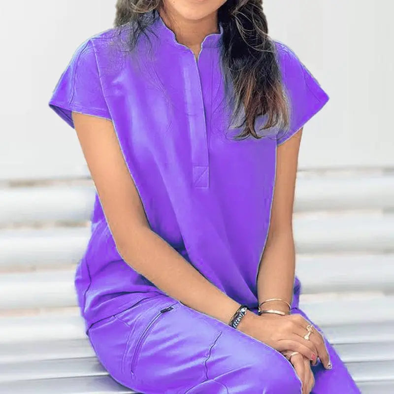Showlu Medical Scrubs Set with V-neck, short sleeves, spandex stretch fabric, nurse uniform top and bottom, hospital scrubs.