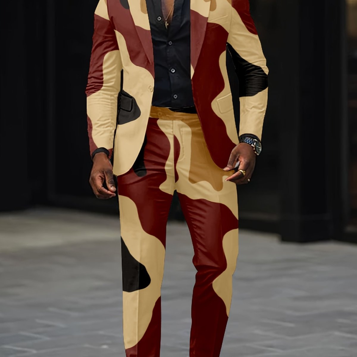 Showlu Fashion men's slim fit party suit with digital print, long sleeves, lapel collar, and polyester fabric in a 2-piece set.