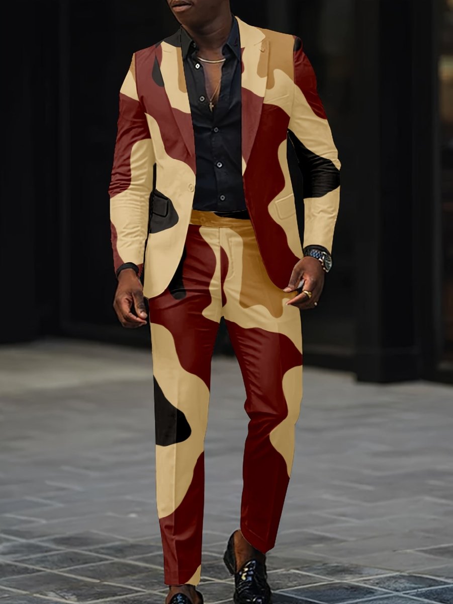 Men's slim fit party suit by Showlu Fashion, digital print 2-piece set with long sleeves, lapel collar, and non-stretch polyester fabric.