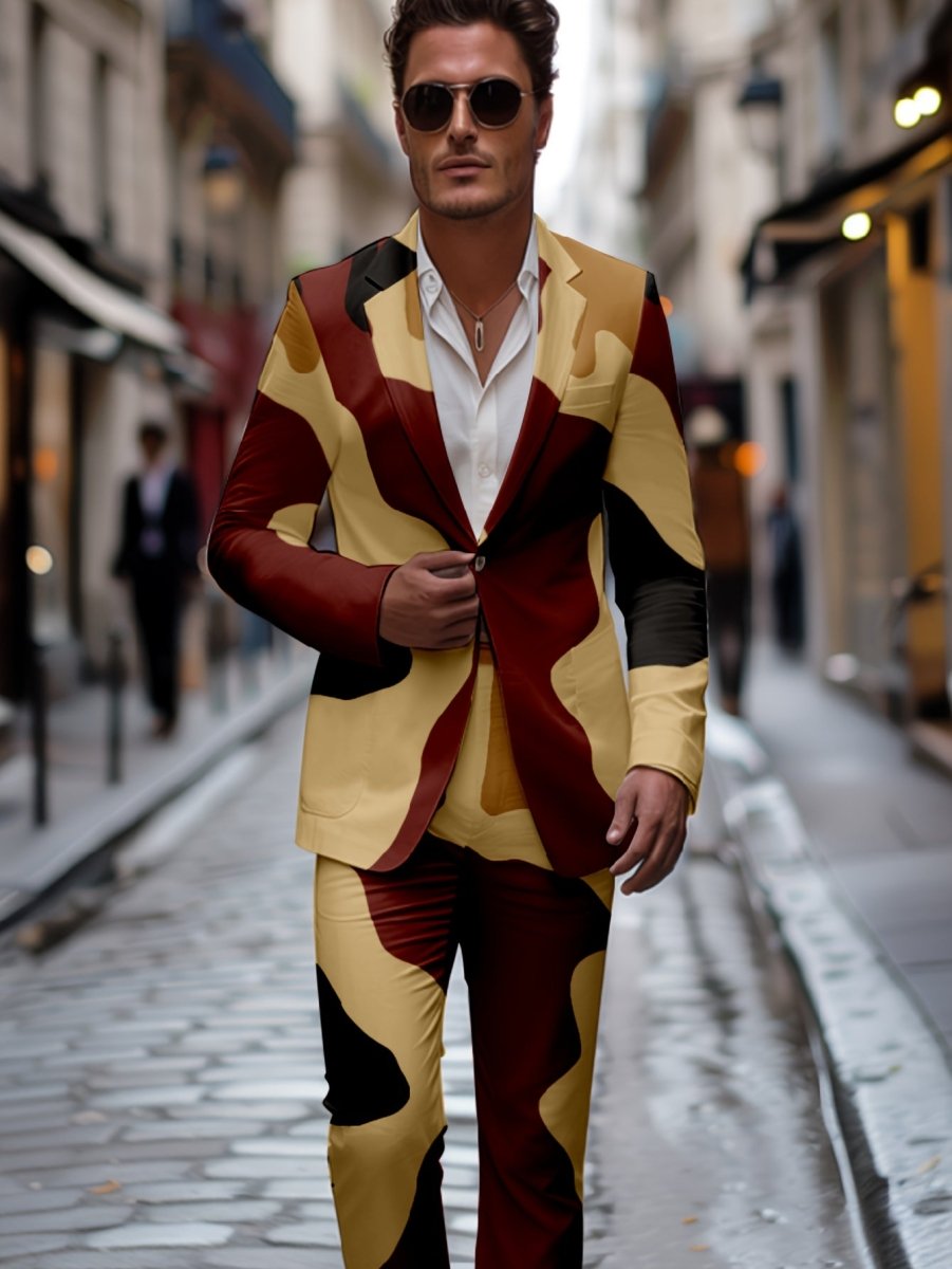 Showlu Fashion men's slim fit party suit set with digital print, long sleeves, lapel collar, polyester fabric, two-piece design.