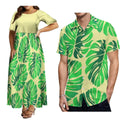 Polynesian matching couple suit featuring a women's crew neck dress and men's button-down shirt in vibrant patterns, plus size 8XL