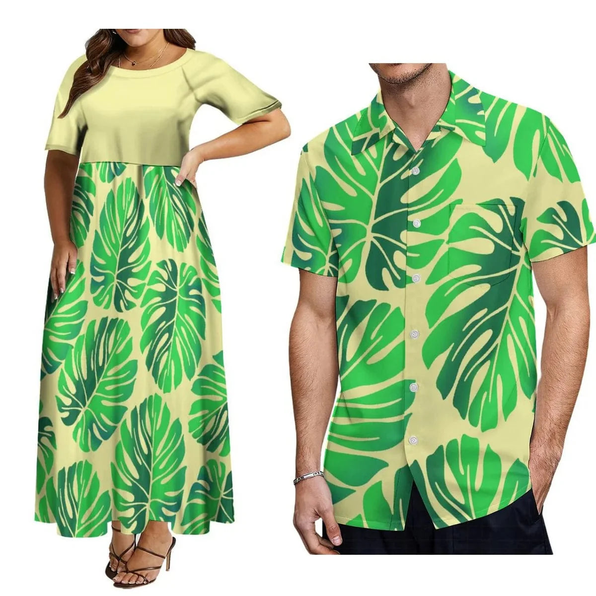 Polynesian matching couple suit featuring a women's crew neck dress and men's button-down shirt in vibrant patterns, plus size 8XL