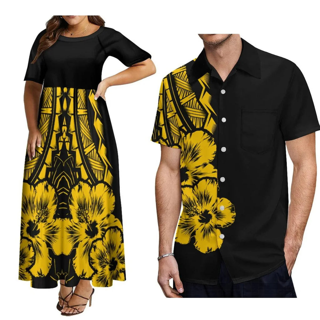 Polynesian matching couple suit by Showlu Fashion with women's crew neck dress and men's button-down shirt in elegant style.