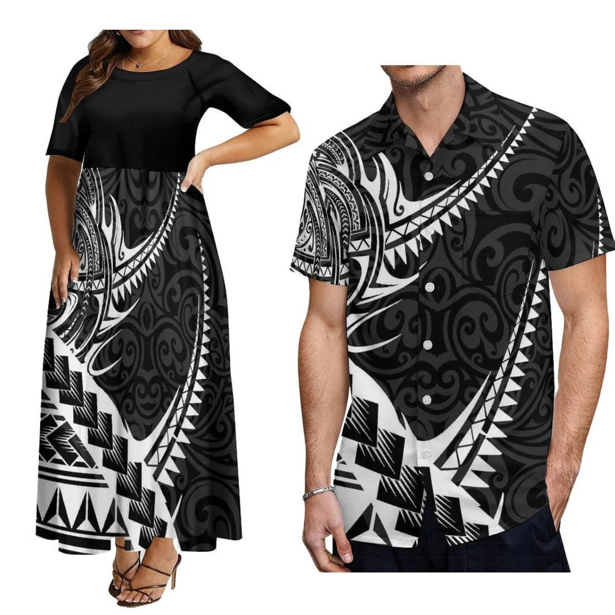 Showlu Fashion Polynesian matching couple suit with a women's crew neck dress and men's button-down shirt in vibrant patterns.