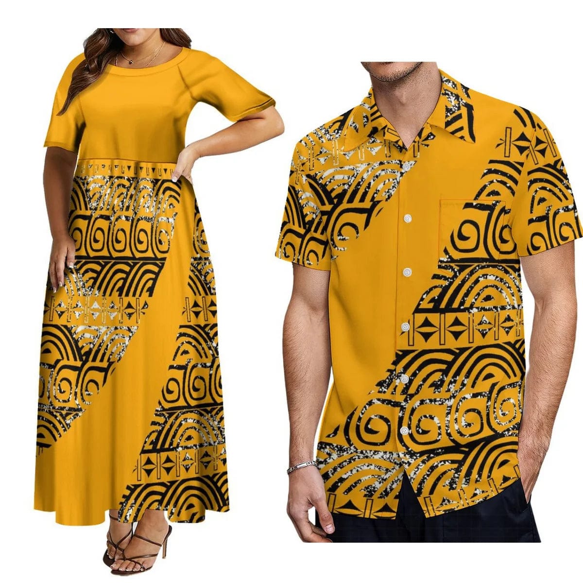 Polynesian Match Couple Suit Women'S Crew Neck Dress Plus Size 8xl Elegant Dress And Men'S Button - Down Shirt Shipping Free - SHOWLU FASHION STORE