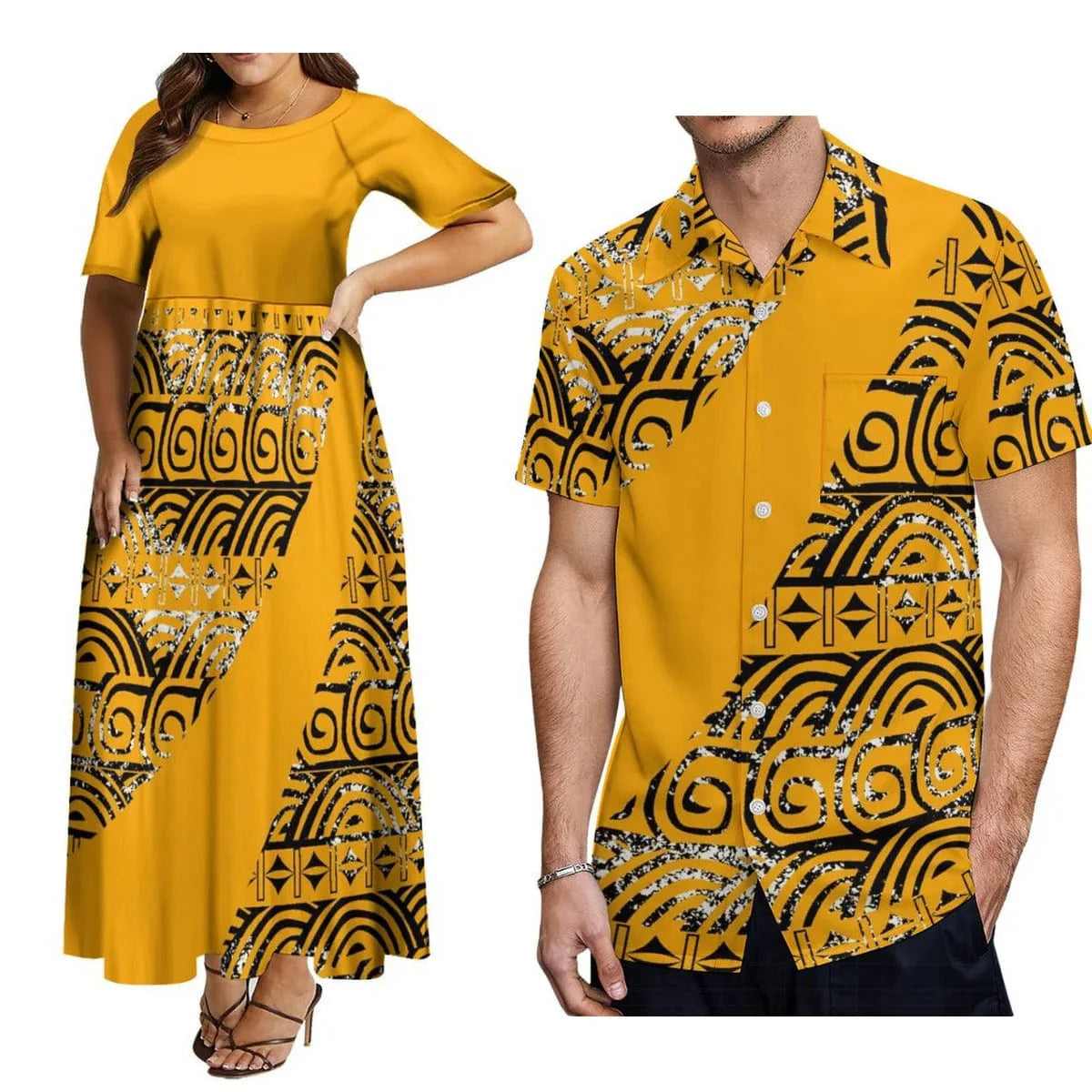 Showlu Fashion Polynesian matching couple suit with women's crew neck dress and men's button-down shirt, plus size 8XL, elegant design.