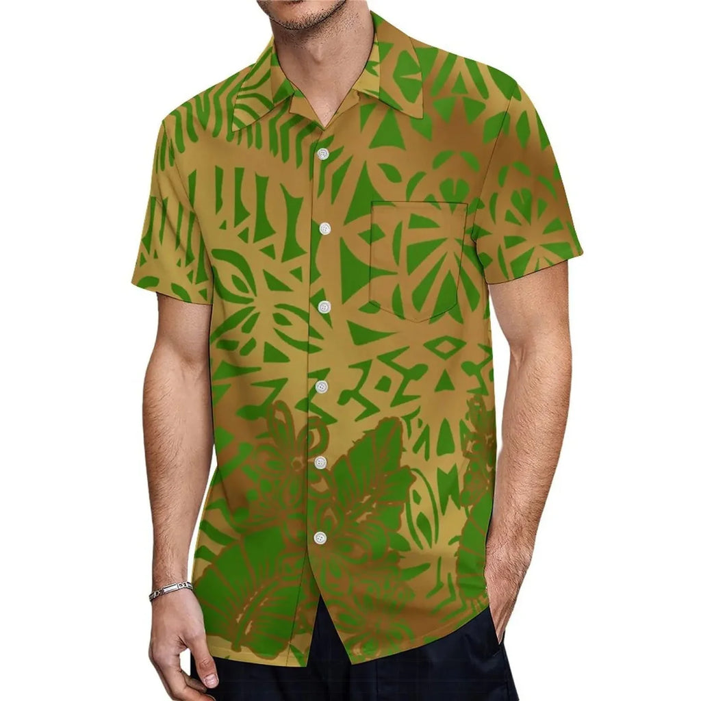 Polynesian matching couple suit by Showlu Fashion, featuring a women's crew neck dress and men's button-down shirt in elegant style.