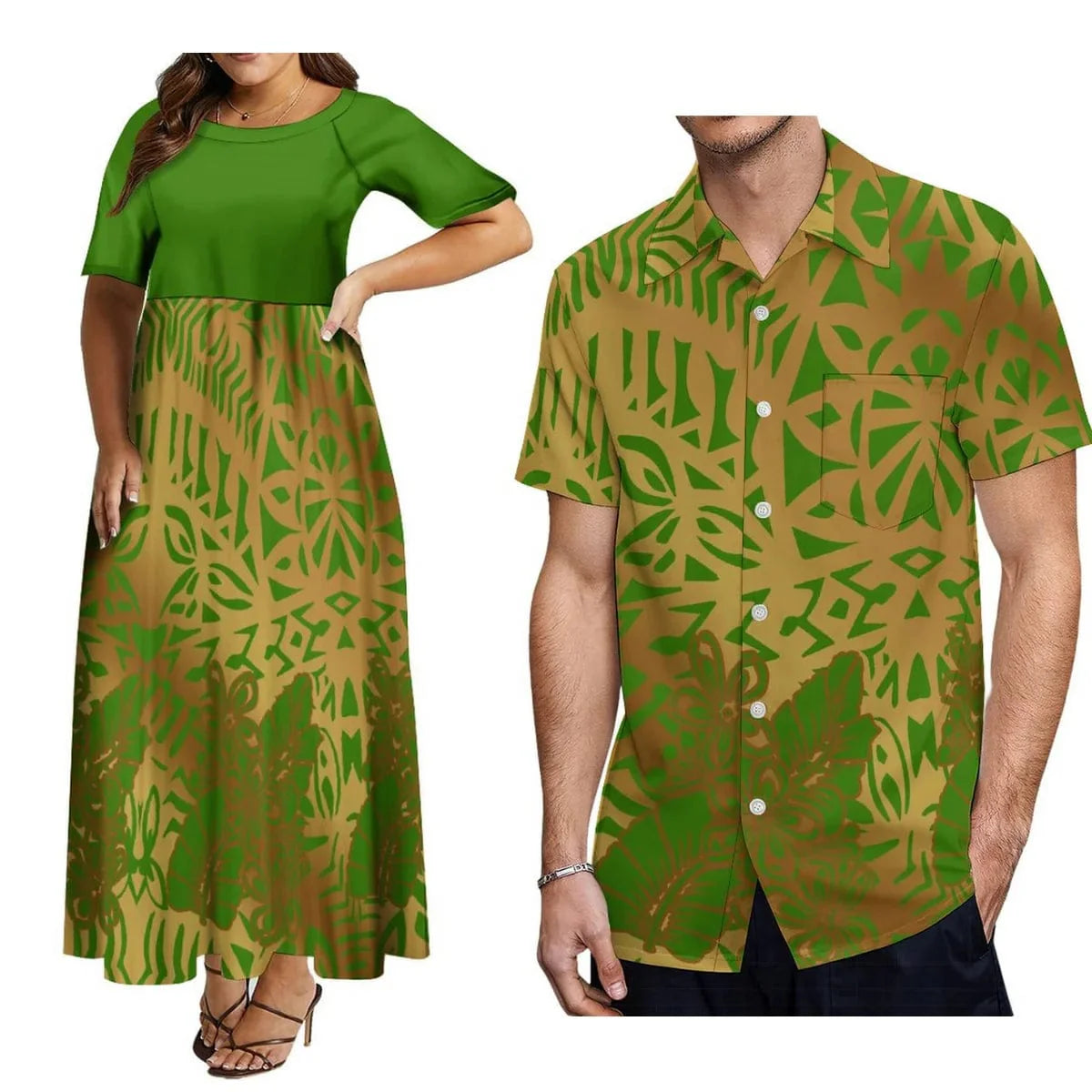 Showlu Fashion Polynesian matching couple suit with women's dress and men's button-down shirt, featuring vibrant tropical patterns.