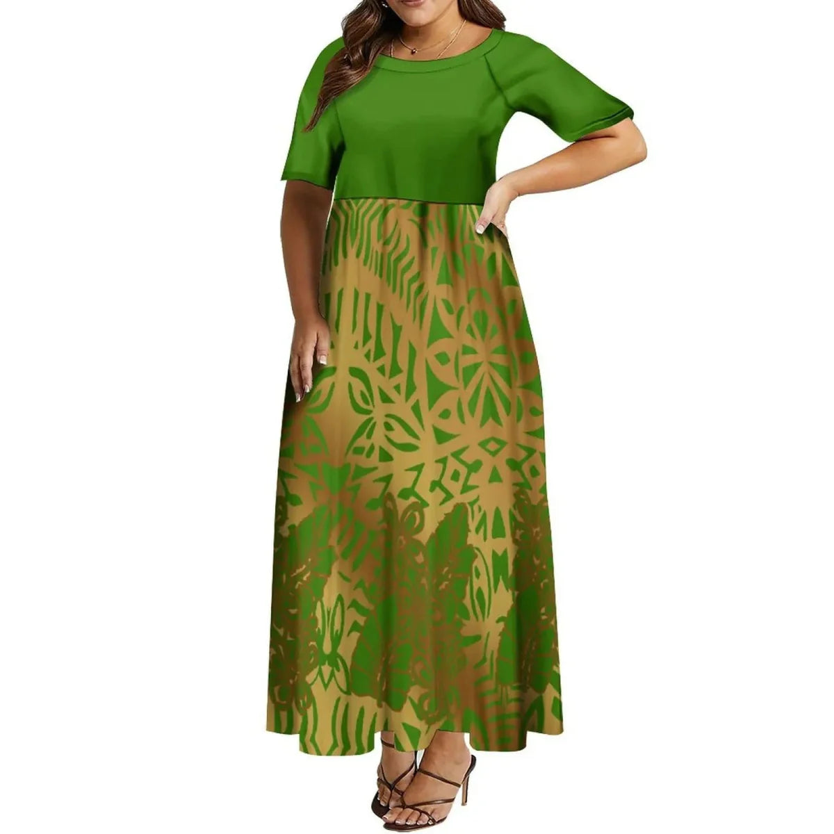 Showlu Fashion Polynesian matching couple suit, women's elegant crew neck dress and men's button-down shirt, plus size 8XL.
