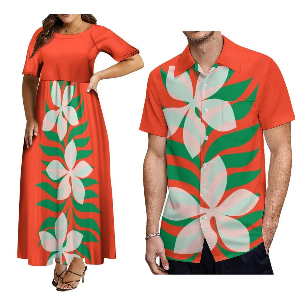 Showlu Fashion Polynesian matching couple suit with women's crew neck dress and men's button-down shirt, elegant and stylish.