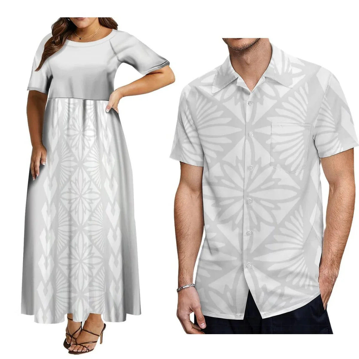 Showlu Fashion Polynesian matching couple suit with women's crew neck dress and men's button-down shirt, elegant and stylish.