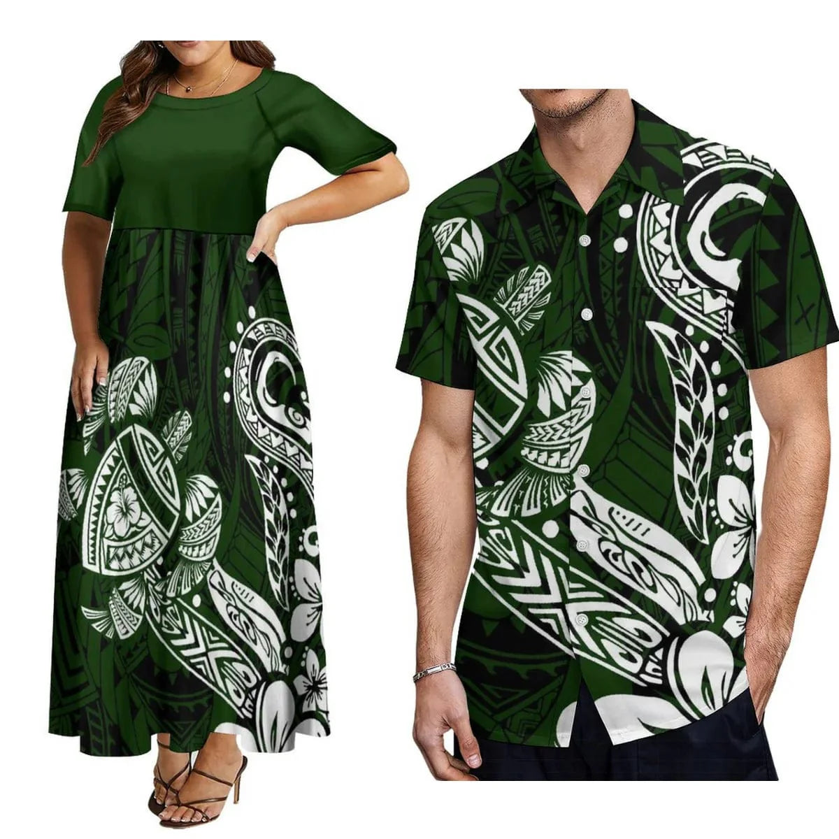 Showlu Fashion Polynesian matching couple suit with women's crew neck dress and men's button-down shirt, elegant matching family attire.
