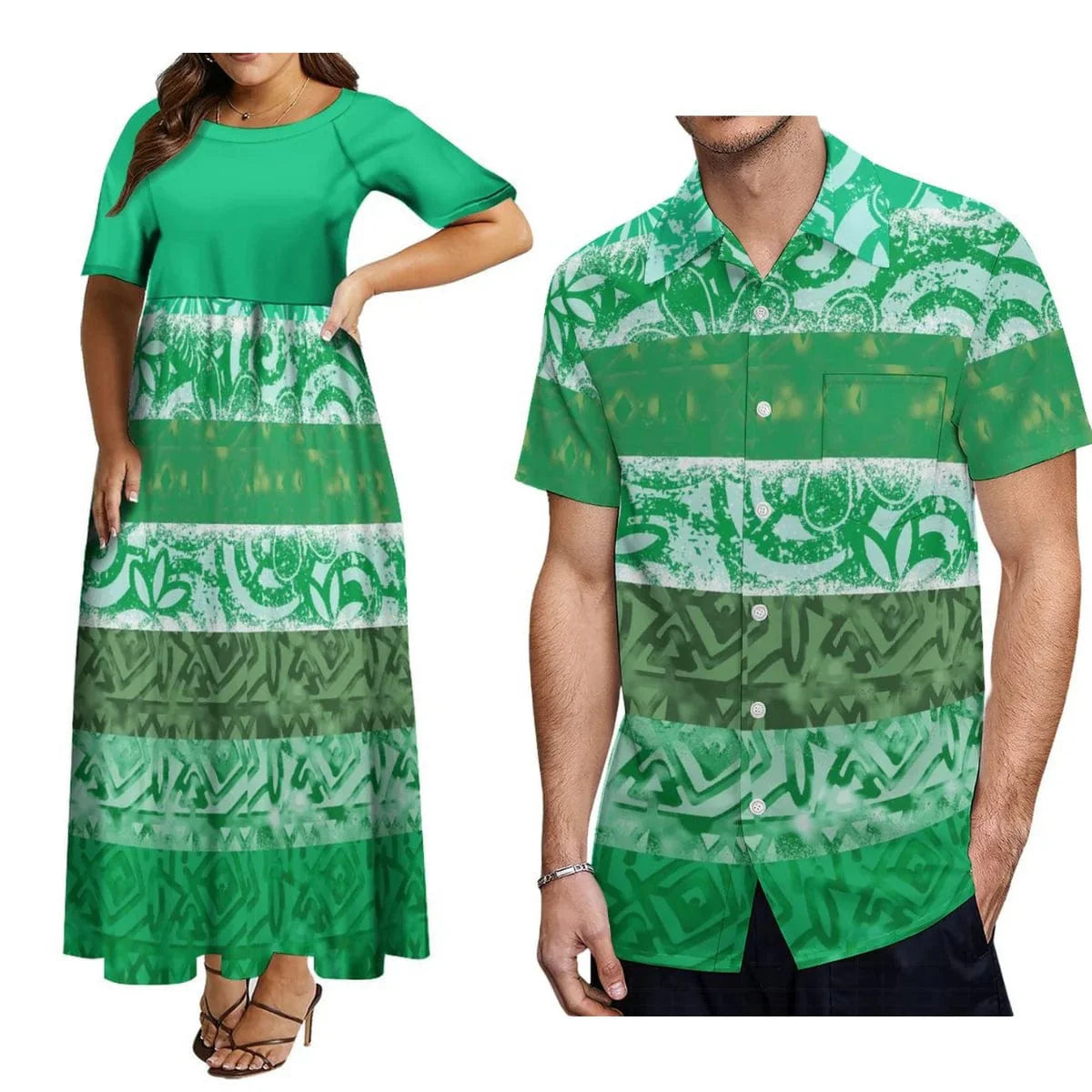 Showlu Fashion Polynesian matching couple suit with women’s crew neck dress and men’s button-down shirt, plus-size elegant matching outfits