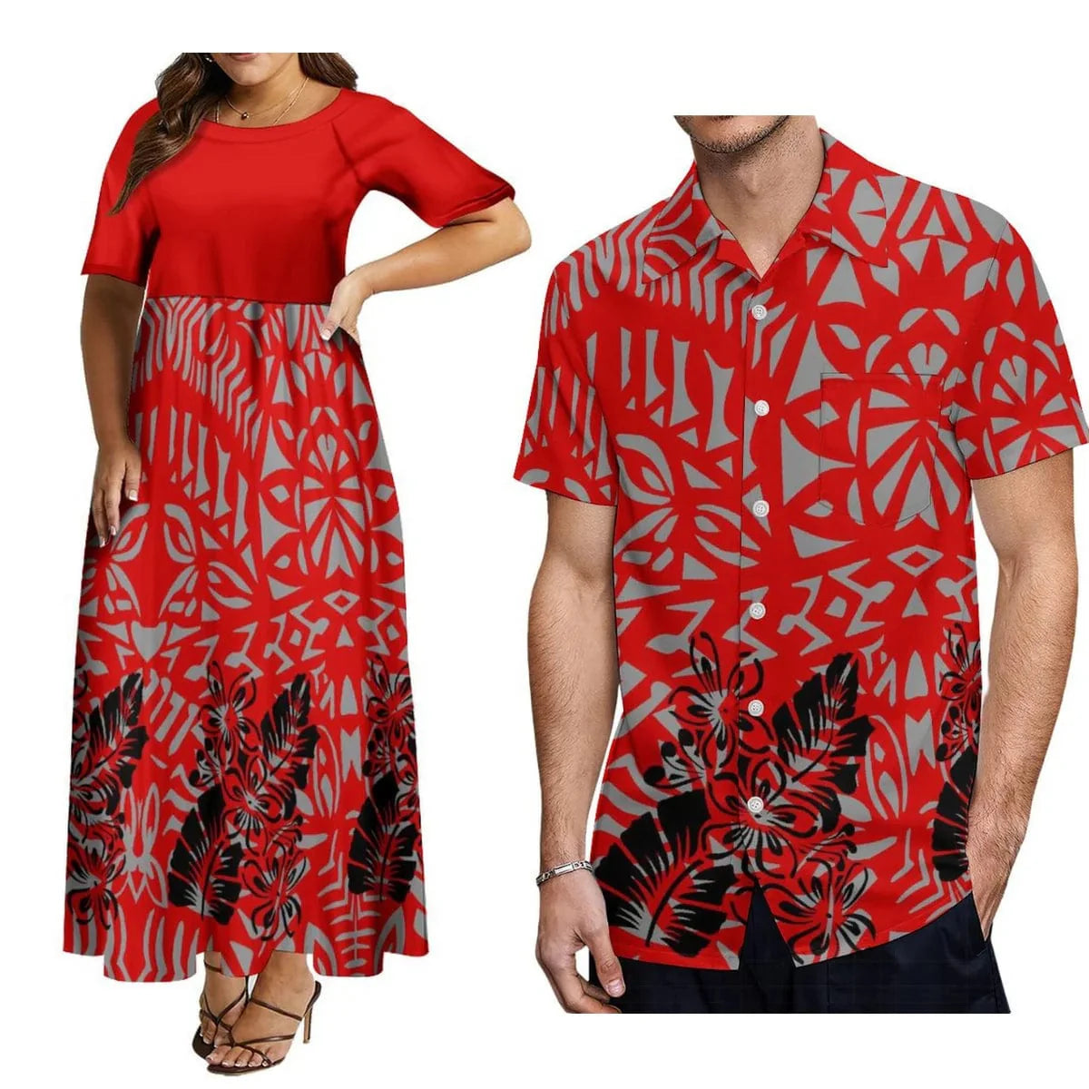 Polynesian matching couple suit by Showlu Fashion, featuring a women's crew neck dress and men's button-down shirt in elegant style.