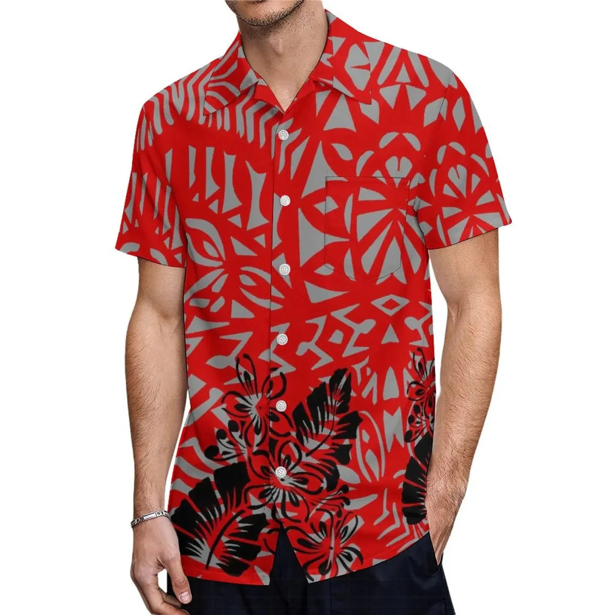 Polynesian matching couple suit with women's crew neck dress and men's button-down shirt from Showlu Fashion Store, plus size and elegant style.