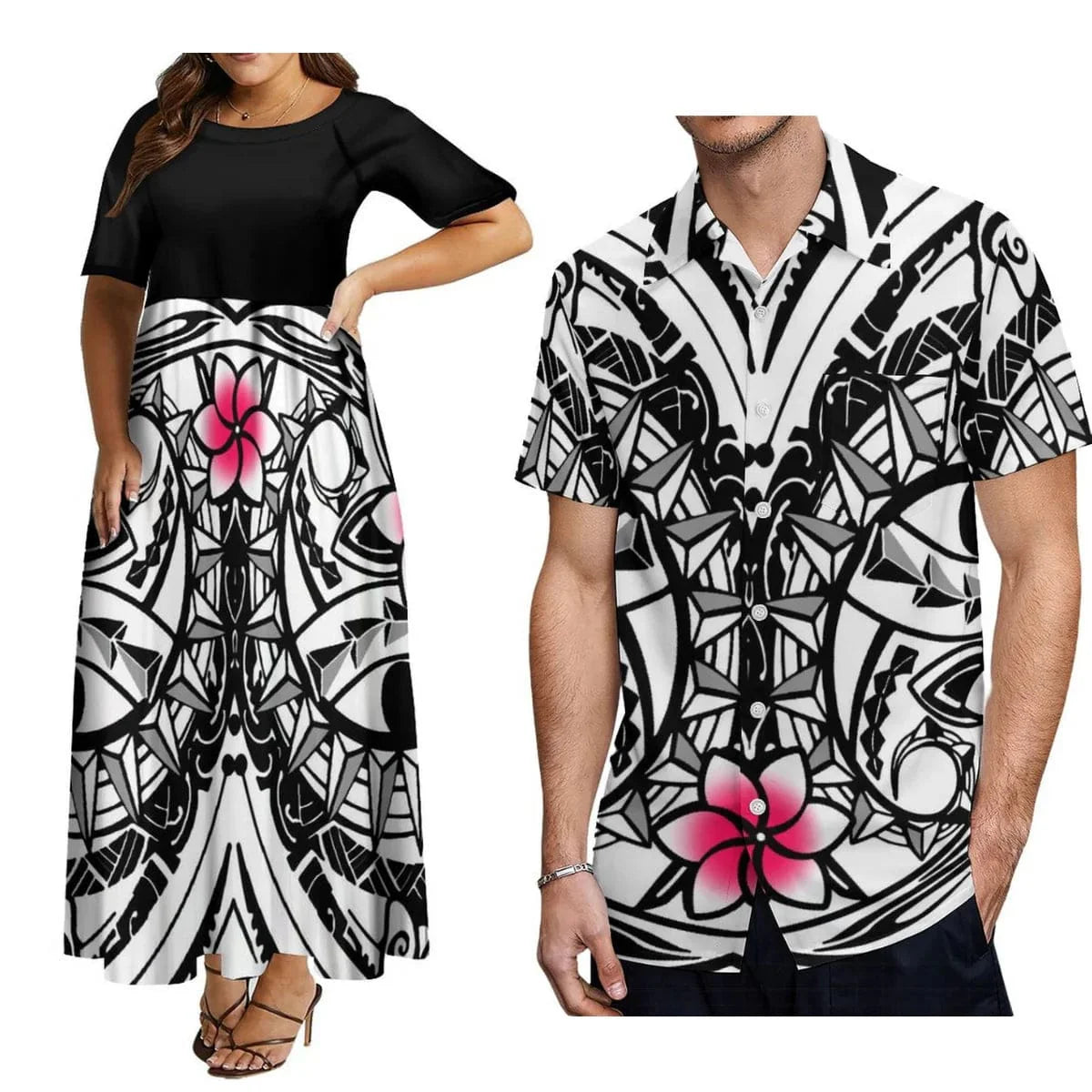 Showlu Fashion Polynesian matching couple suit with women's crew neck dress and men's button-down shirt, plus-size, elegant design.