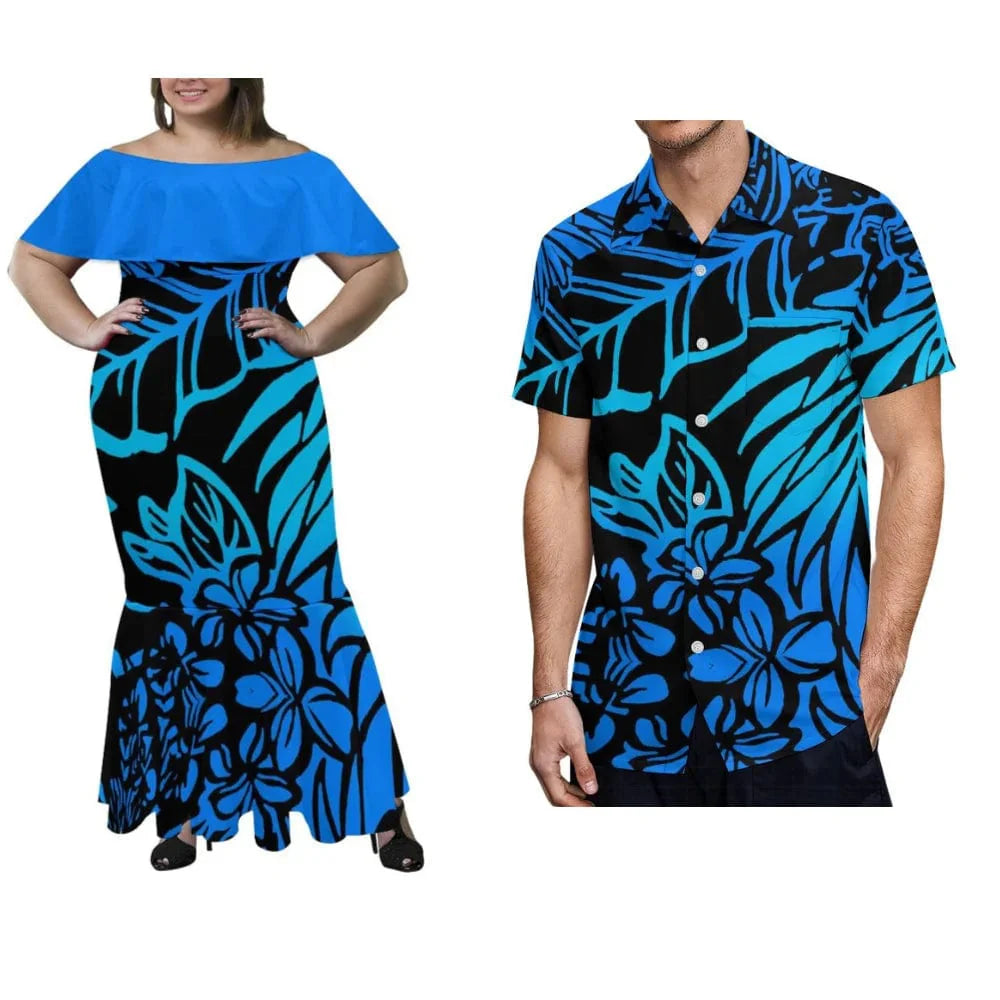Polynesian couple in off-shoulder fishtail maxi dress and men's shirt, showcasing traditional-inspired fashion for special occasions.