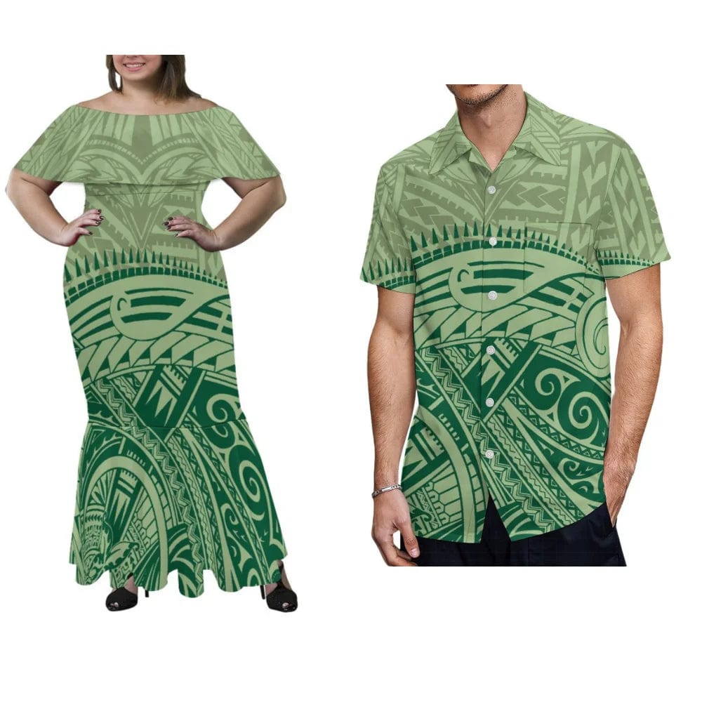 Polynesian Plus - Size Women'S Off - The - Shoulder Dress Samoan Fijian Fishtail Maxi Dress And Men'S Shirt Midi Party Couple Suit - SHOWLU FASHION STORE
