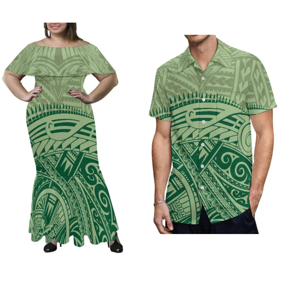 Polynesian couple in off-shoulder fishtail dress and men's shirt, both stylish and colorful, showcasing tropical fashion and cultural style.