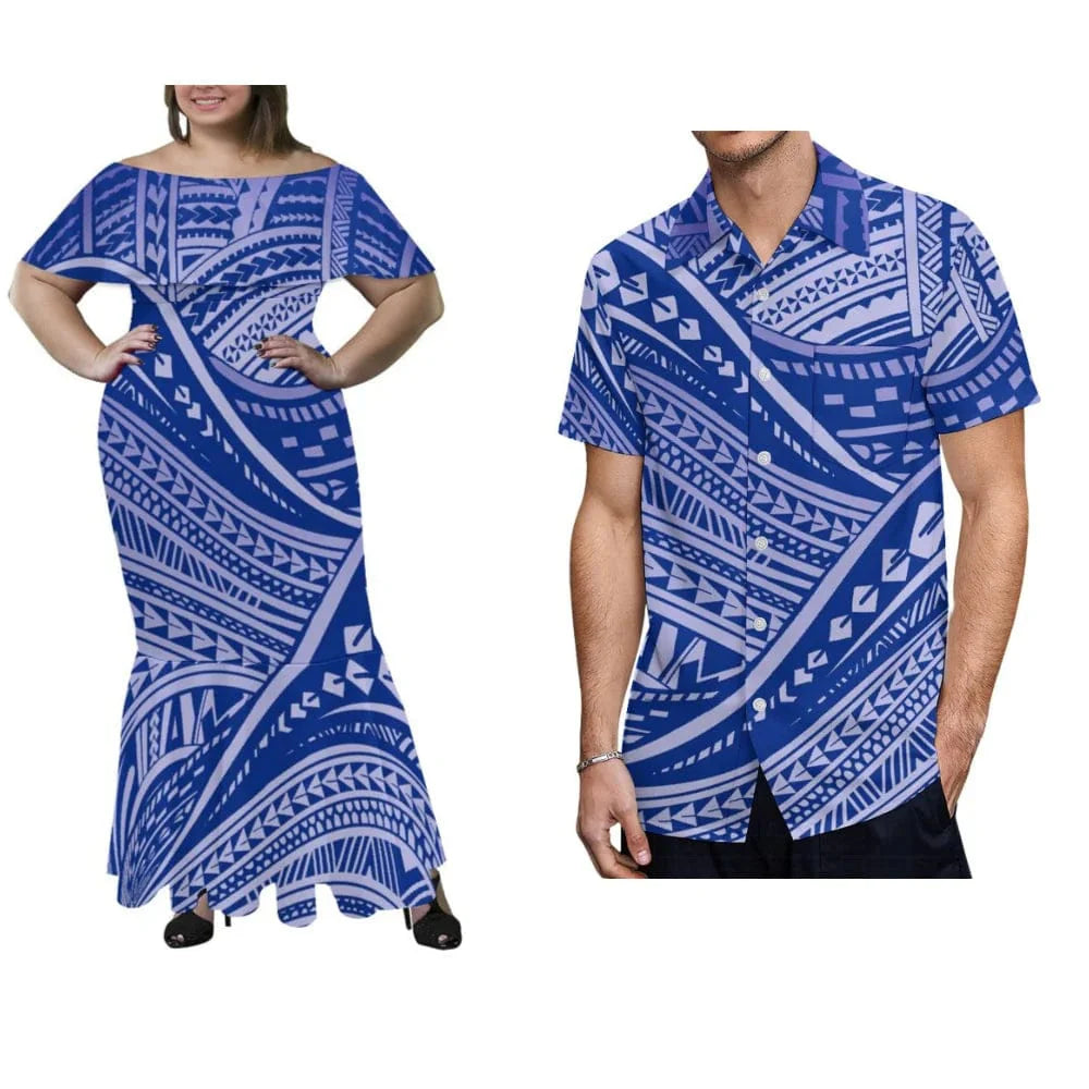 Polynesian couple wearing Showlu Fashion off-shoulder fishtail maxi dress for women and men's shirt, suitable for party or cultural events.