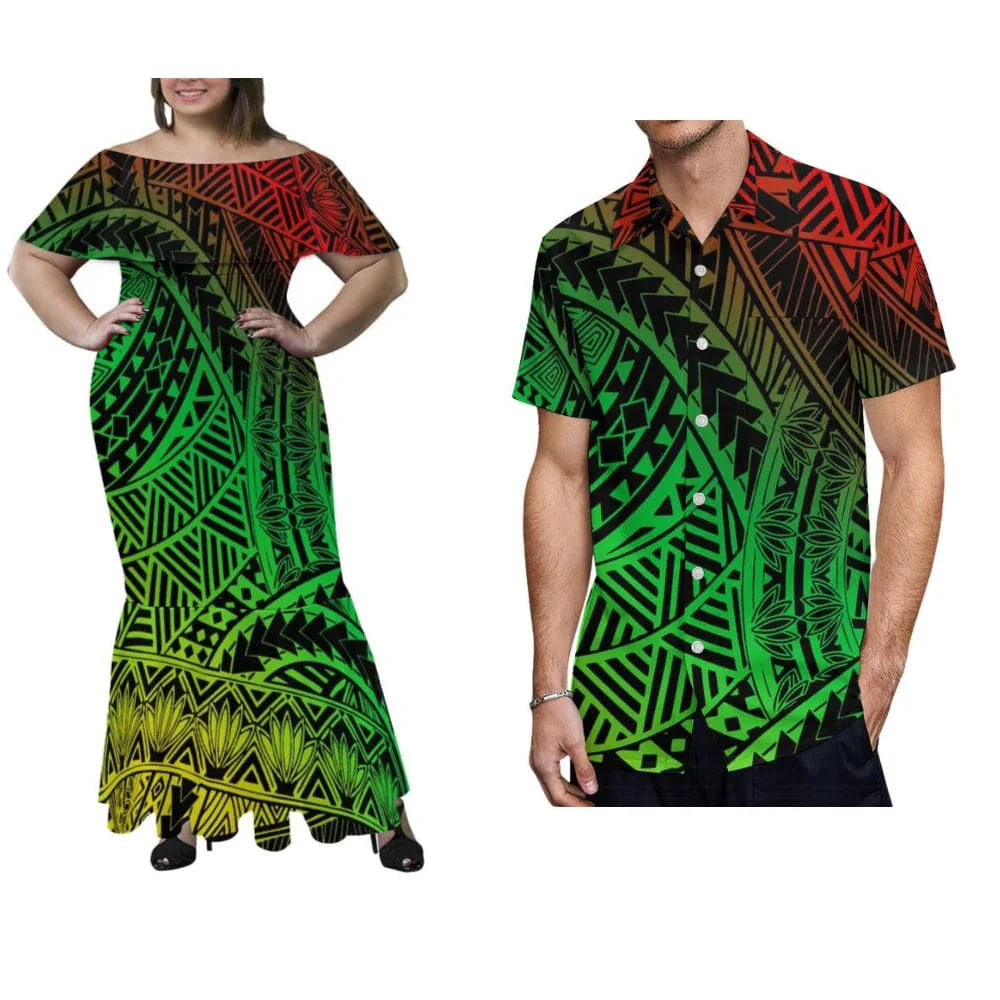 Polynesian couple in off-shoulder fishtail maxi dress and men's shirt, stylish wedding or party attire from Showlu Fashion Store.