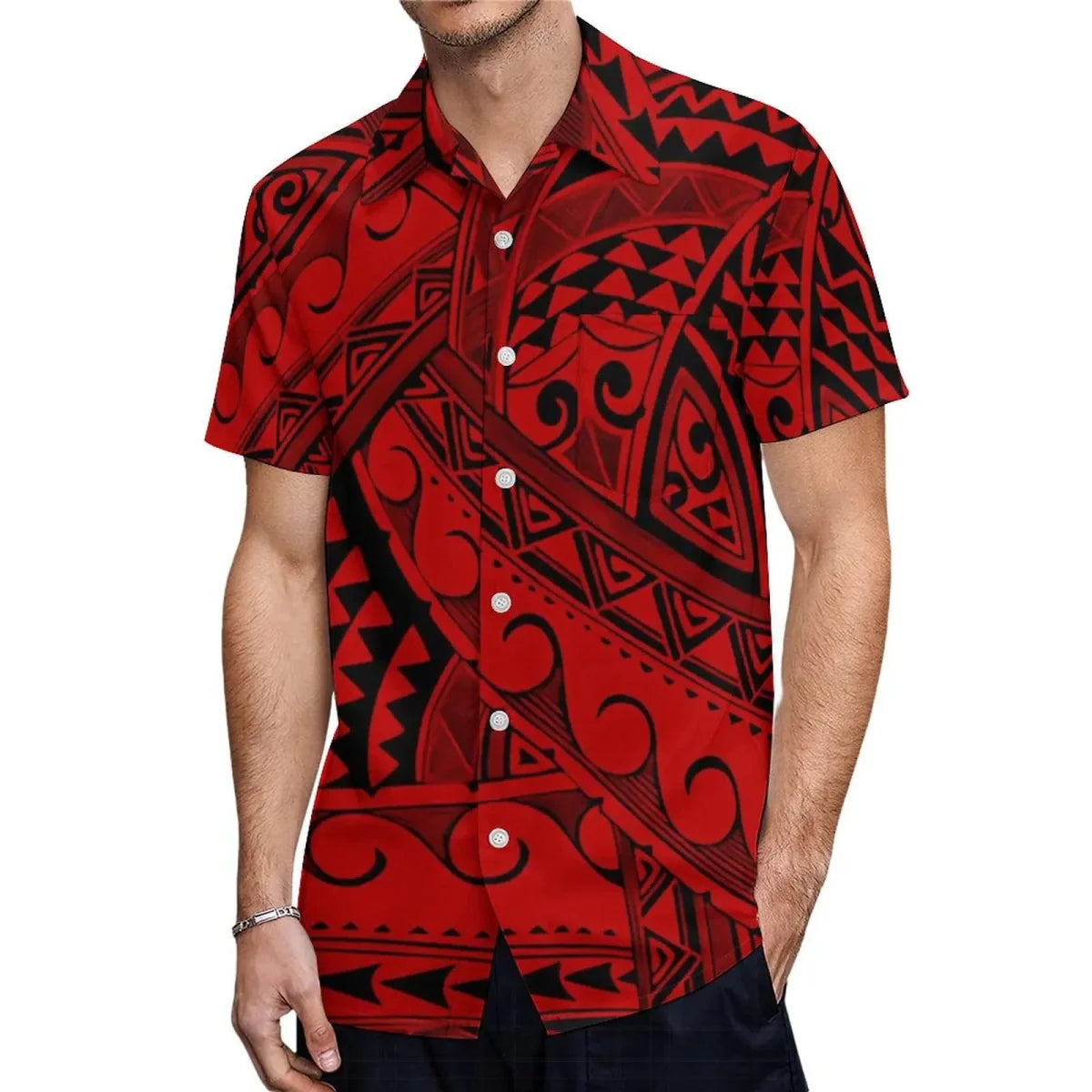 Showlu Polynesian couple set with women's off-shoulder fishtail maxi dress and men's shirt, perfect for tropical or party occasions.