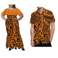 Polynesian couple wearing Showlu Fashion Store off-shoulder fishtail maxi dress for women and men's shirt, stylish party attire.