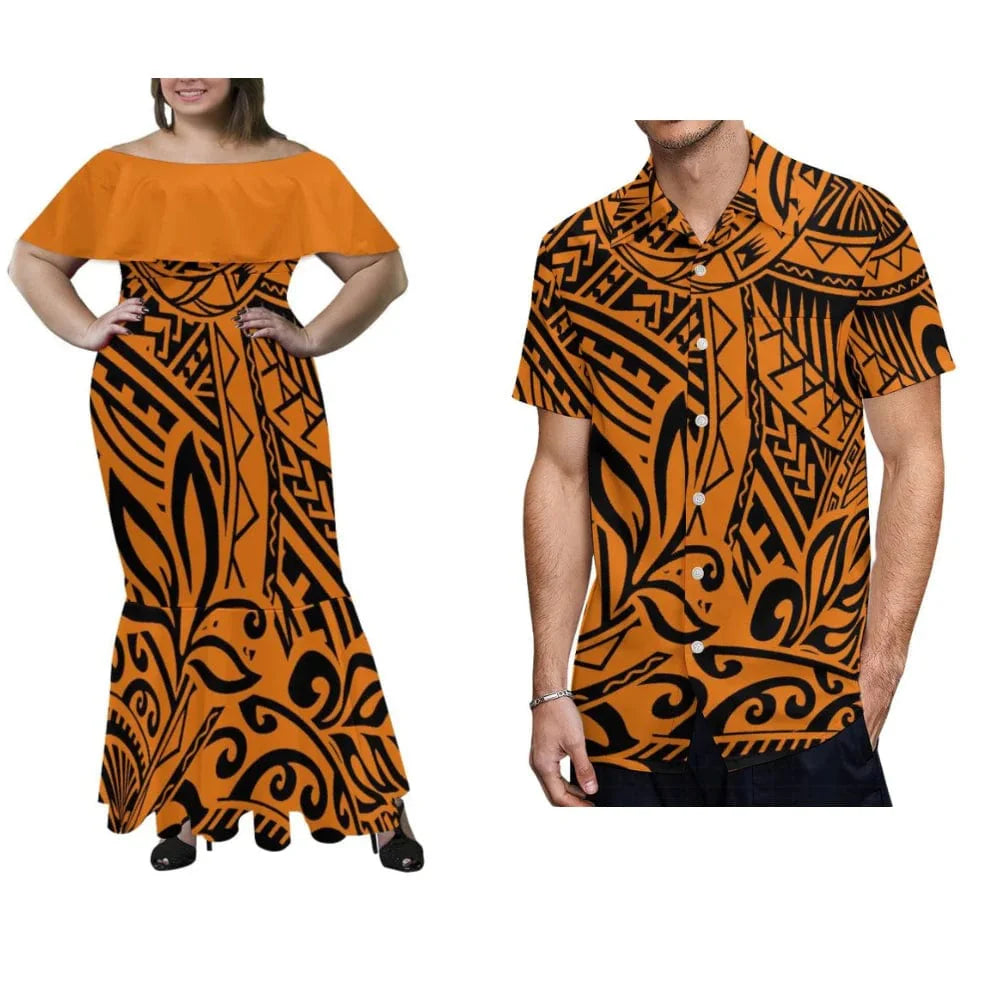 Polynesian couple wearing Showlu Fashion Store off-shoulder fishtail maxi dress for women and men's shirt, stylish party attire.