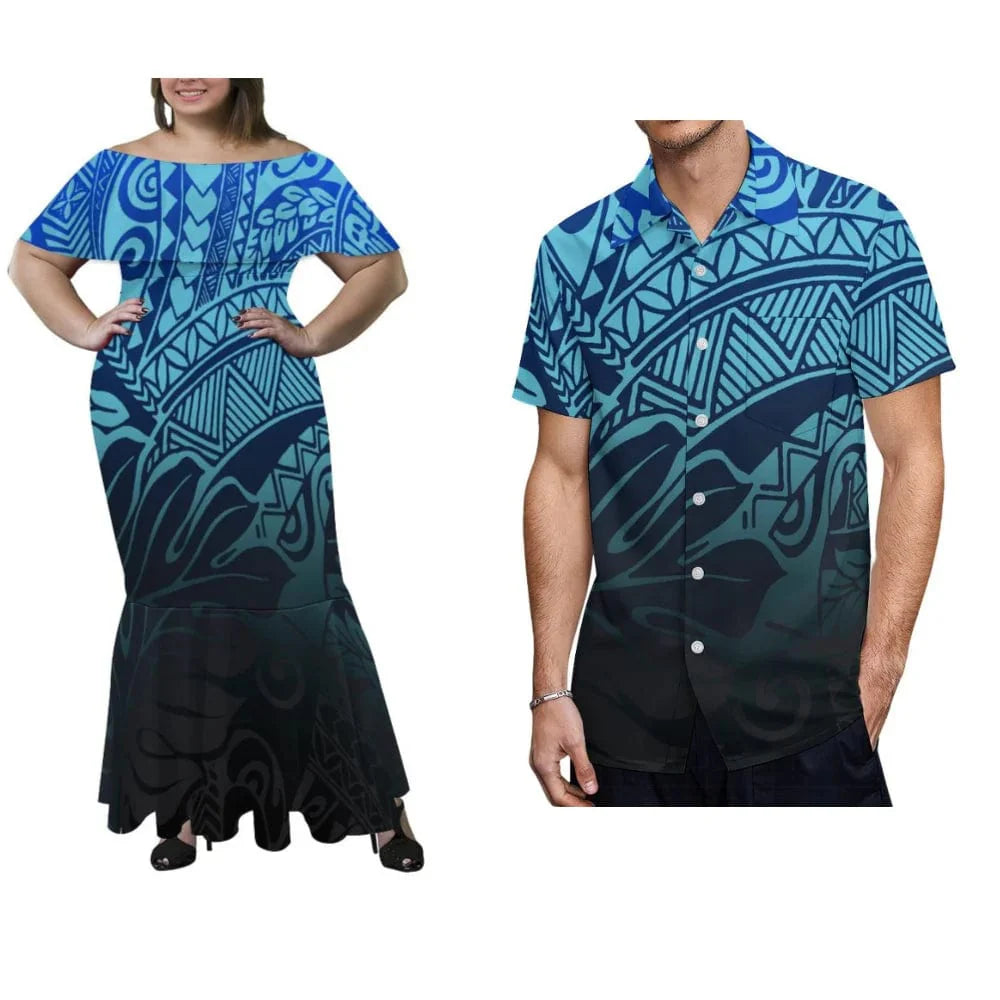 Showlu Polynesian couple set featuring a plus-size off-shoulder fishtail dress and men's shirt, perfect for tropical parties.