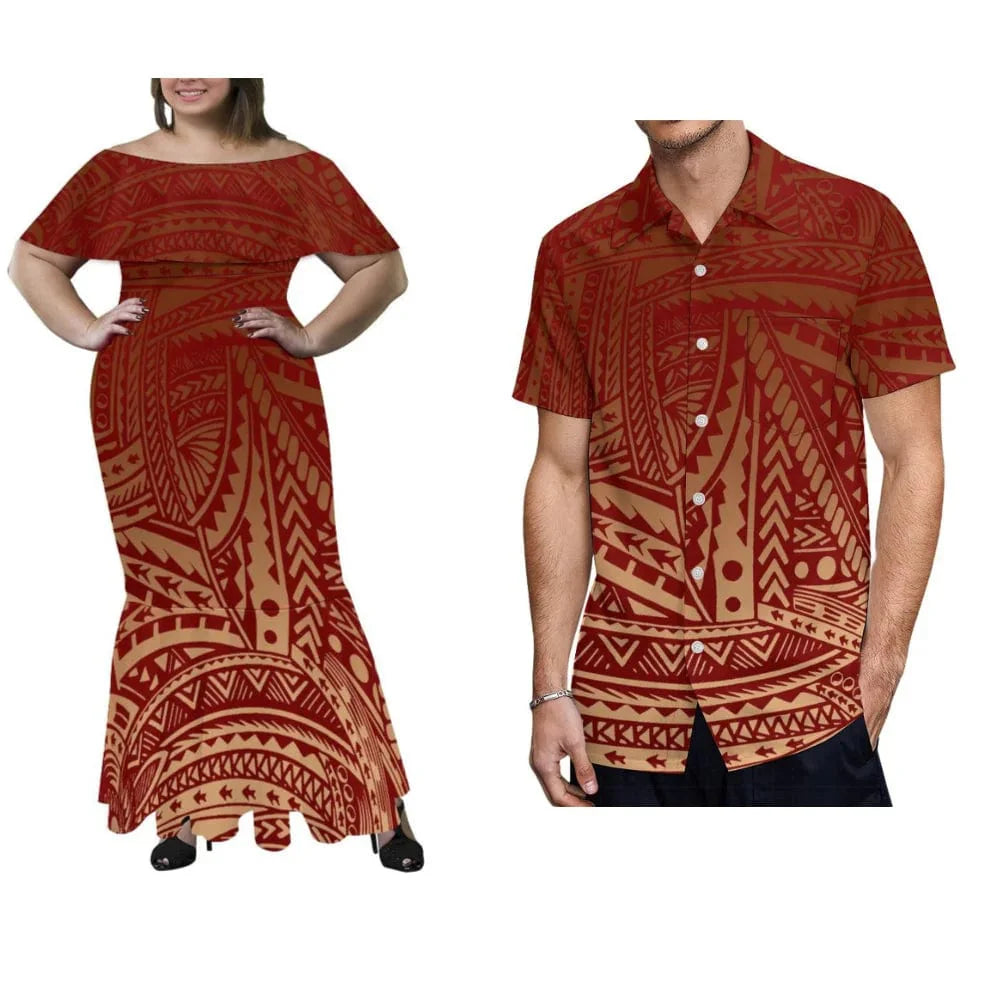Showlu Polynesian couple set featuring a plus-size off-shoulder fishtail maxi dress and men's shirt, perfect for tropical parties.