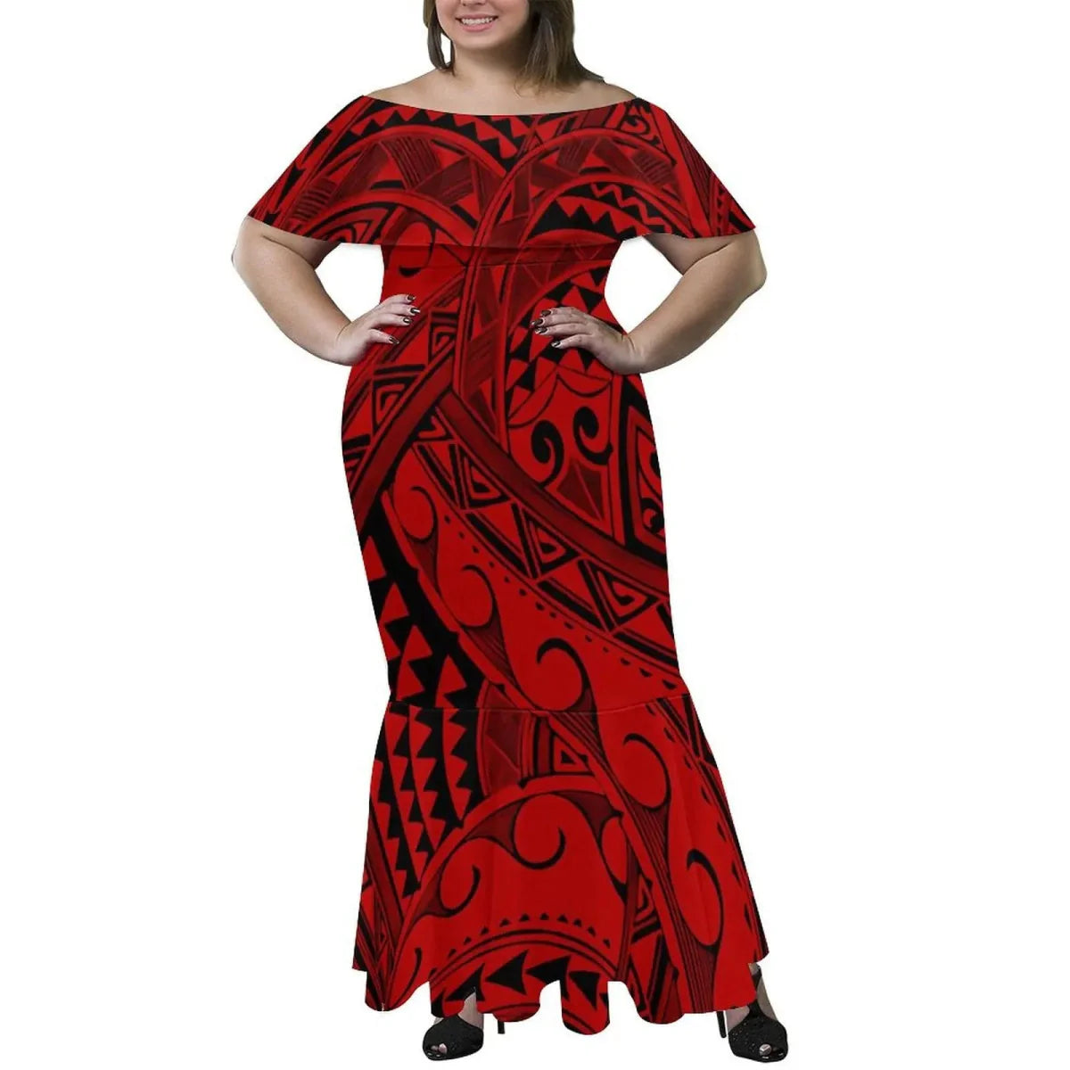 Showlu Polynesian couple set with a plus-size off-shoulder fishtail dress for women and a men's shirt, perfect for tropical parties.