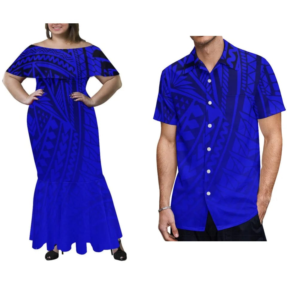 Polynesian Plus - Size Women'S Off - The - Shoulder Dress Samoan Fijian Fishtail Maxi Dress And Men'S Shirt Midi Party Couple Suit - SHOWLU FASHION STORE