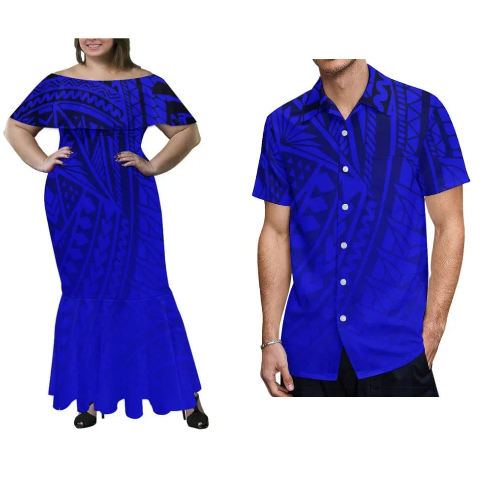 Polynesian couple in off-shoulder fishtail maxi dress and men's shirt, showcasing vibrant traditional wedding or party attire.