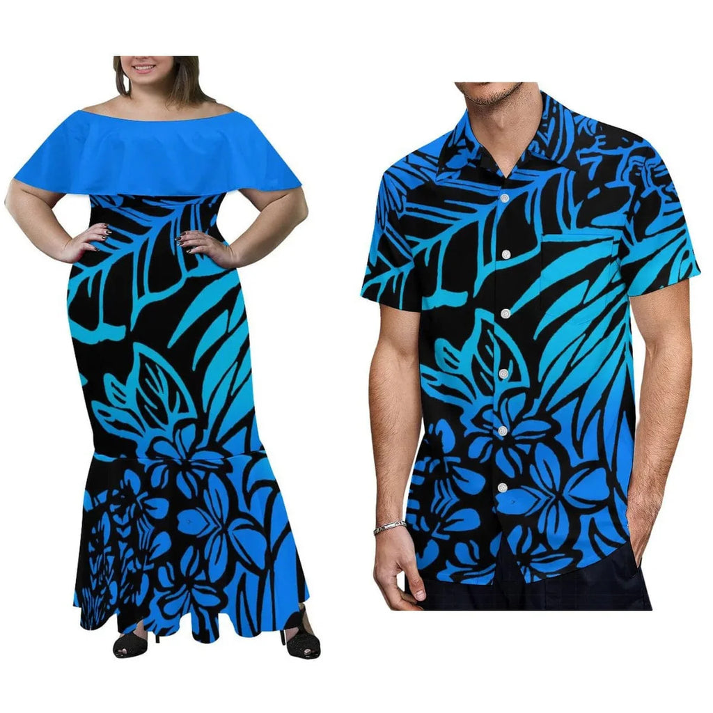 Showlu Polynesian couple set featuring a plus-size off-shoulder fishtail maxi dress for women and a men's shirt, perfect for tropical occasions.