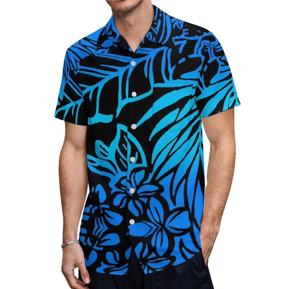 Polynesian couple in off-shoulder fishtail maxi dress and men's shirt, showcasing traditional Fijian and Samoan-inspired fashion.