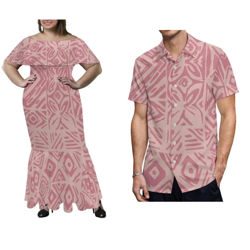 Showlu Polynesian couple set with a plus-size off-shoulder fishtail dress and men's shirt, perfect for tropical or beach parties.