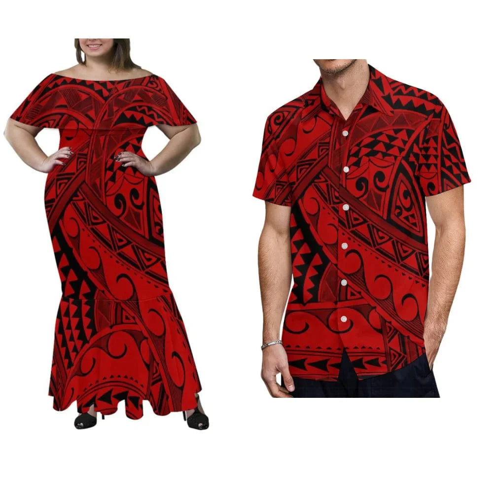 Showlu Polynesian couple set with off-shoulder fishtail maxi dress for women and men's shirt, perfect for tropical or beach occasions.