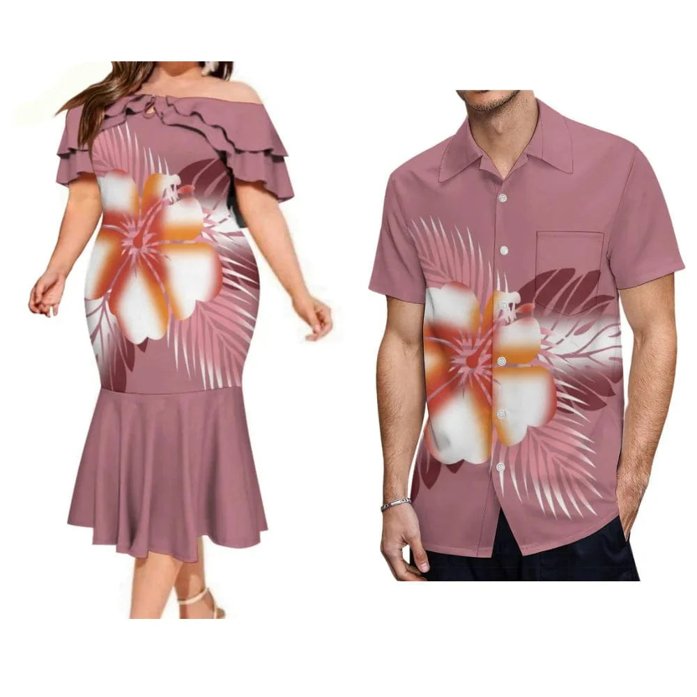 Polynesian couple suits featuring a Fijian print fishtail dress and men's pocket shirt with traditional Fijian design.