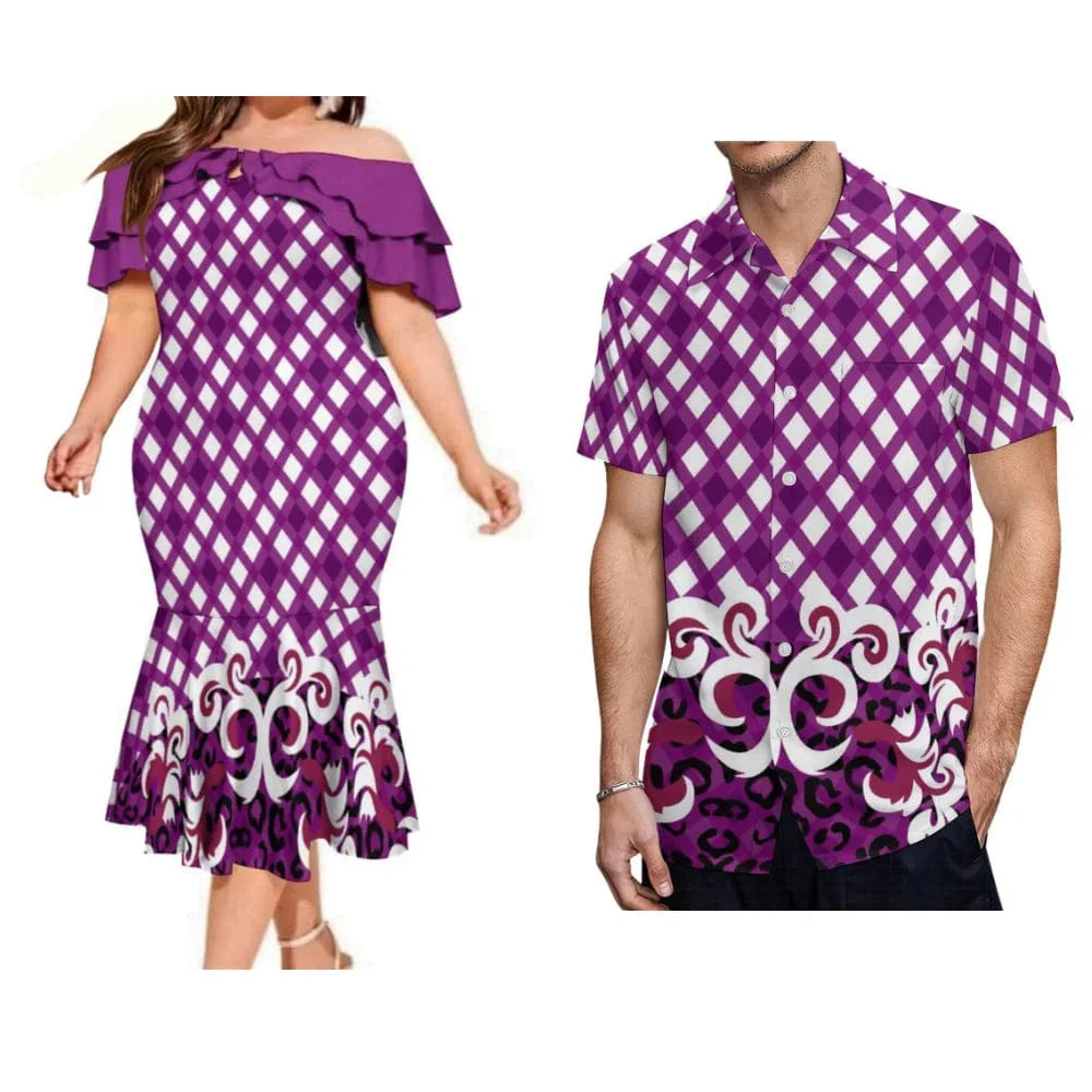 Polynesian couple suits featuring a Fijian print fishtail dress and men's pocket shirt with traditional Fijian design.