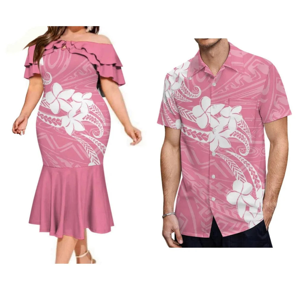 Polynesian couple suits featuring a Fijian print fishtail dress and men's pocket shirt with traditional Fijian design.