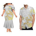 Polynesian couple suits featuring a Fijian print fishtail dress and men's pocket shirt with vibrant Fijian tribal design.