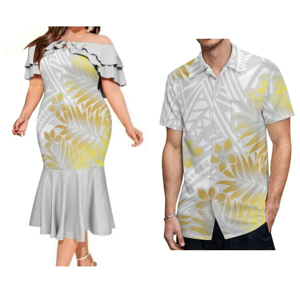 Polynesian couple suits featuring a Fijian print fishtail dress and men's pocket shirt with vibrant Fijian tribal design.