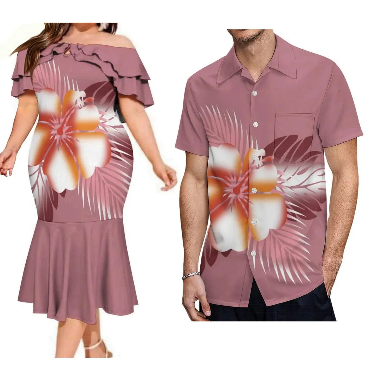 Polynesian couple suits featuring a Fijian print fishtail dress and men's pocket shirt with traditional Fijian design.