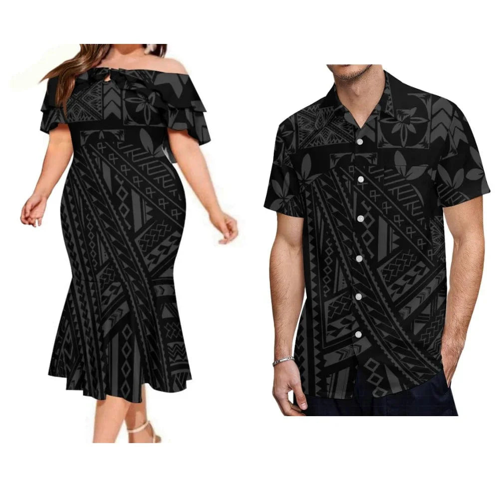 Polynesian couple suits with Fijian print fishtail dress and men's pocket shirt featuring traditional tribal Fijian design.