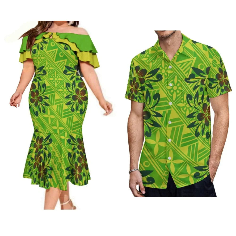 Polynesian couple suits featuring a Fijian print fishtail dress and men's pocket shirt with traditional Fijian designs.