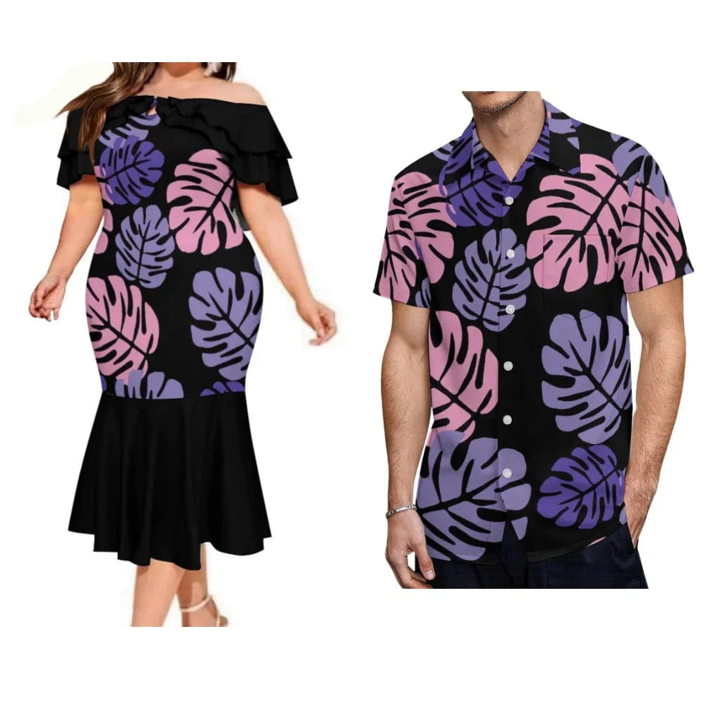 Polynesian couple suits featuring a Fijian print fishtail dress and men's pocket shirt with traditional Fijian design.