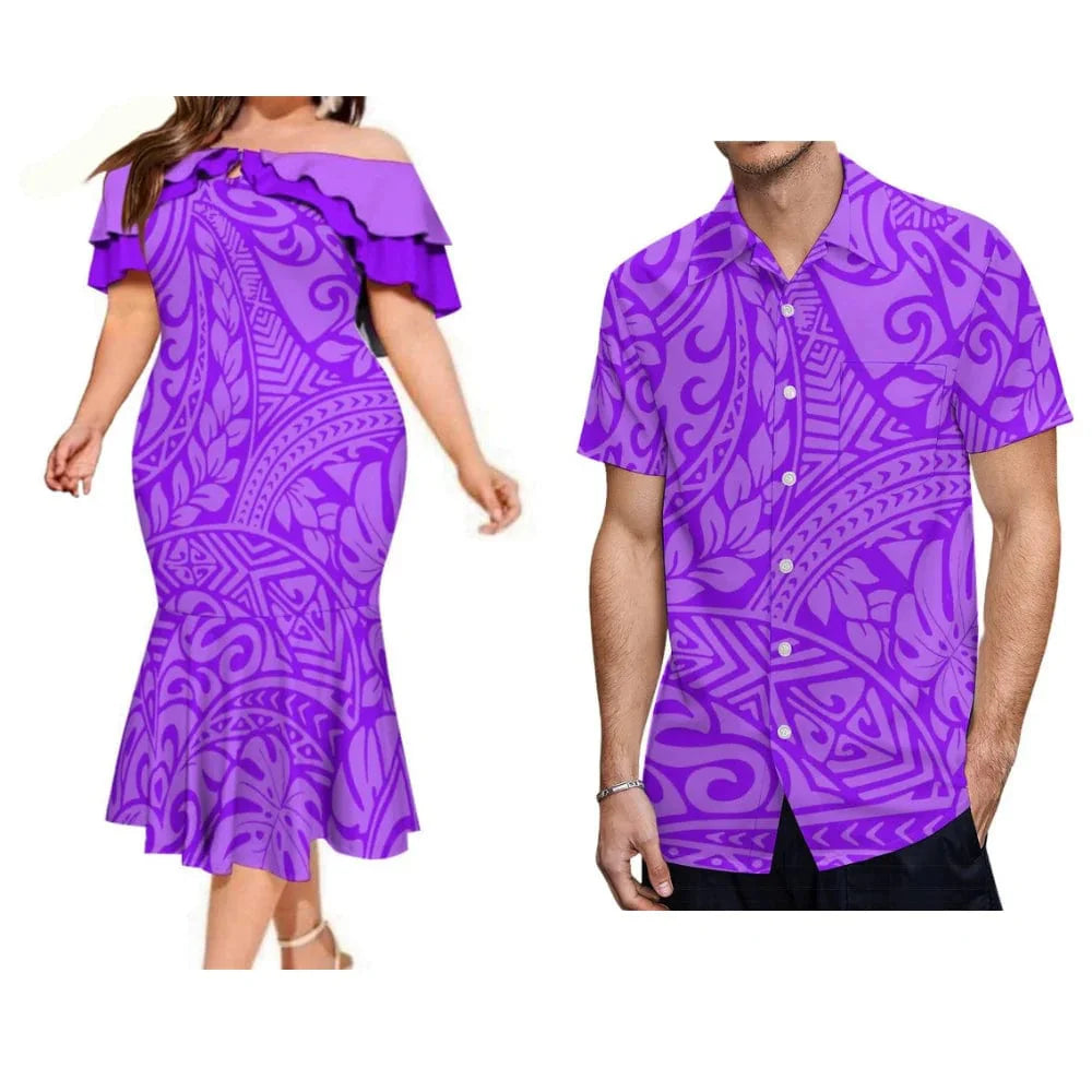 Polynesian couple suits featuring a Fijian print fishtail dress and men's pocket shirt with traditional Fijian design.