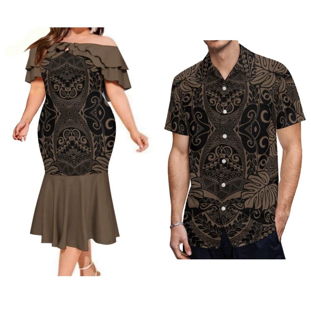 Polynesian Tribe With Couple Suits Women'S Fishtail Dress Sexy One - Shoulder Skirt And Men'S Pocket Shirt Fijian Design - SHOWLU FASHION STORE
