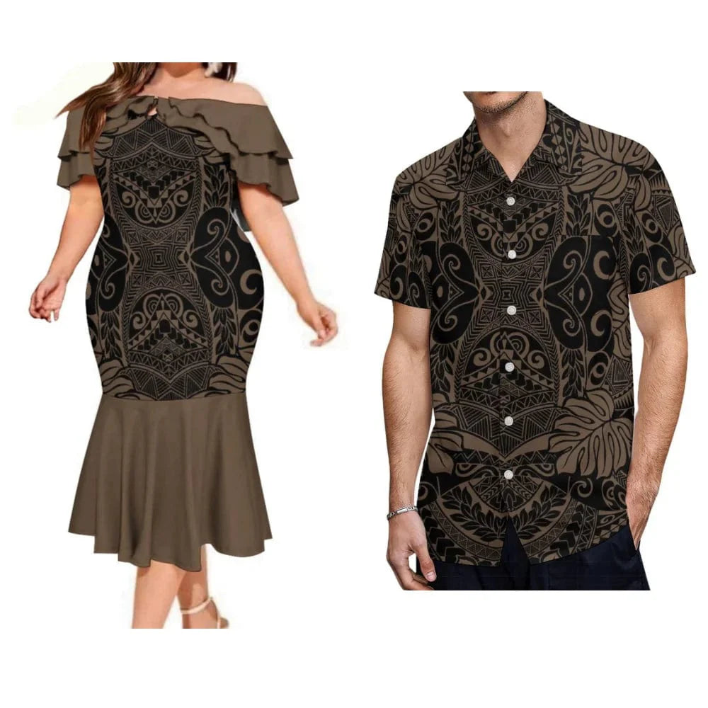 Polynesian couple suits featuring a Fijian print fishtail dress and men's pocket shirt with traditional Fijian design and vibrant patterns.