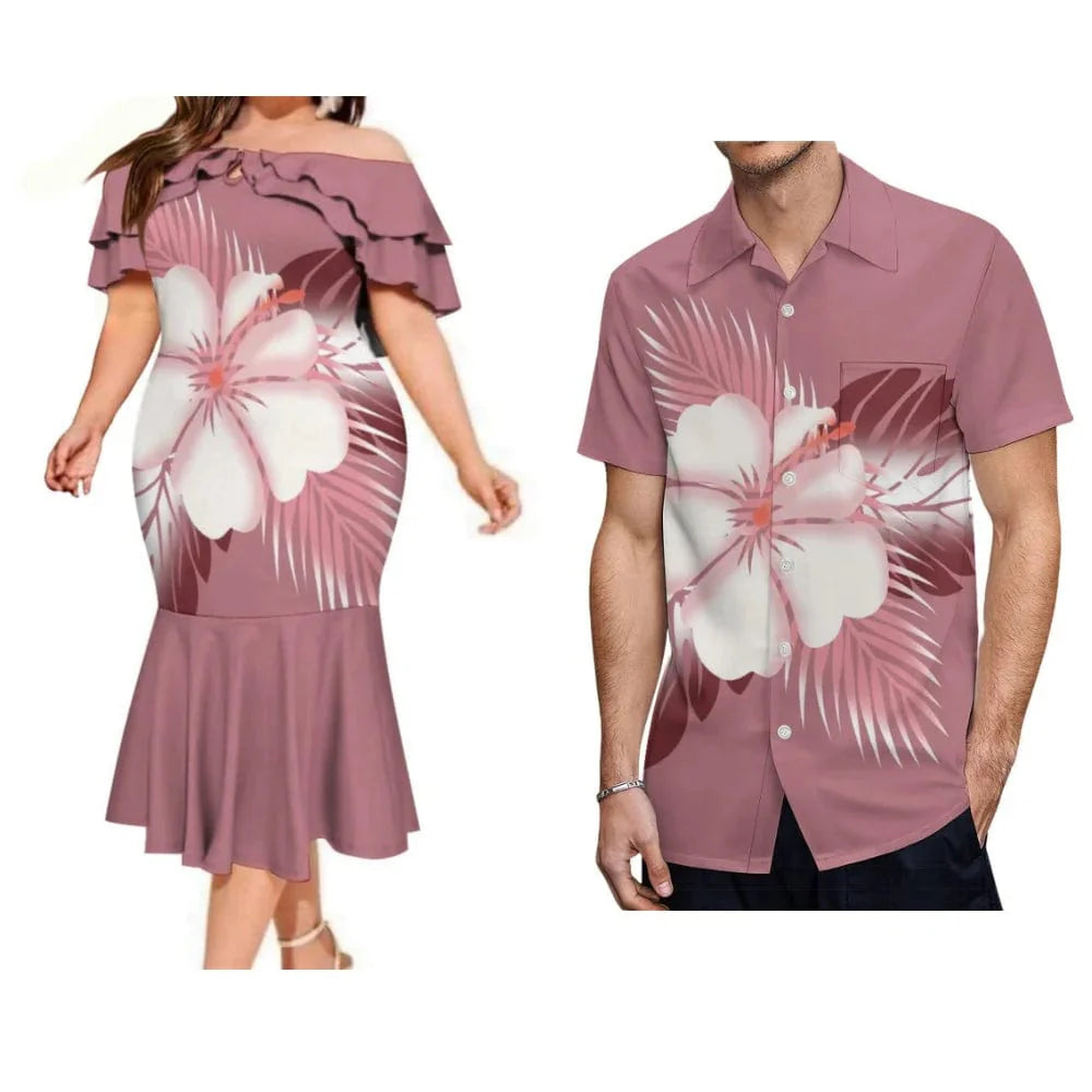 Polynesian couple in Fijian print fishtail dress and men's pocket shirt, showcasing vibrant traditional Fijian design.